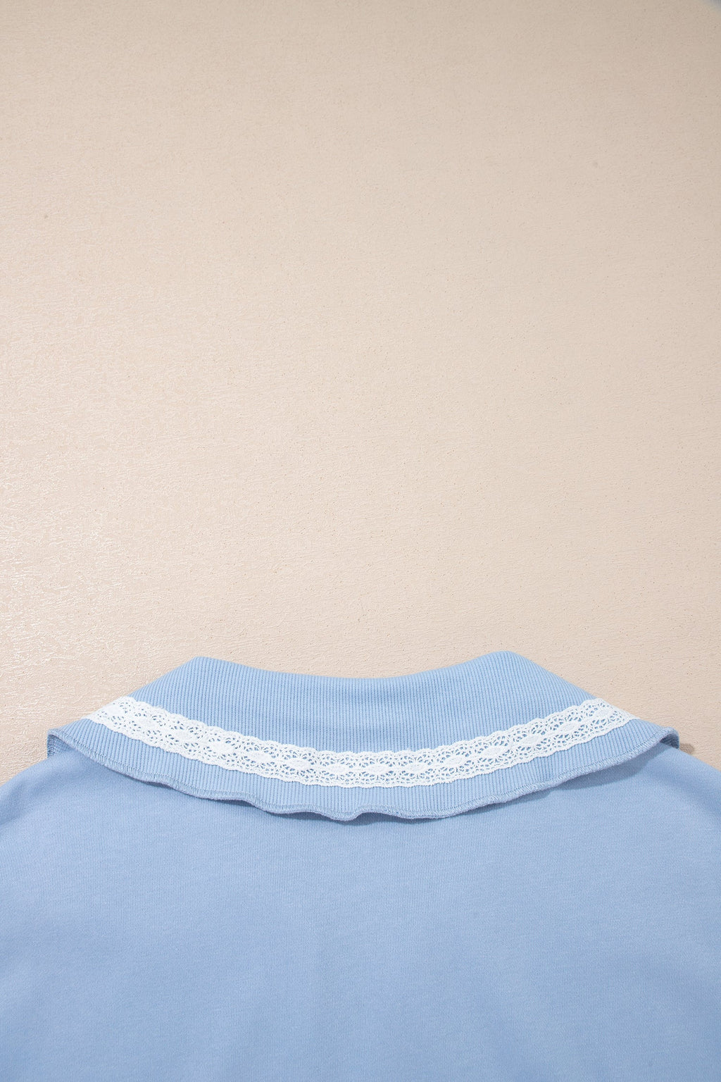 Sky Blue Lace Accent Zipped Collar Short Sleeve Top Sweatpants Set