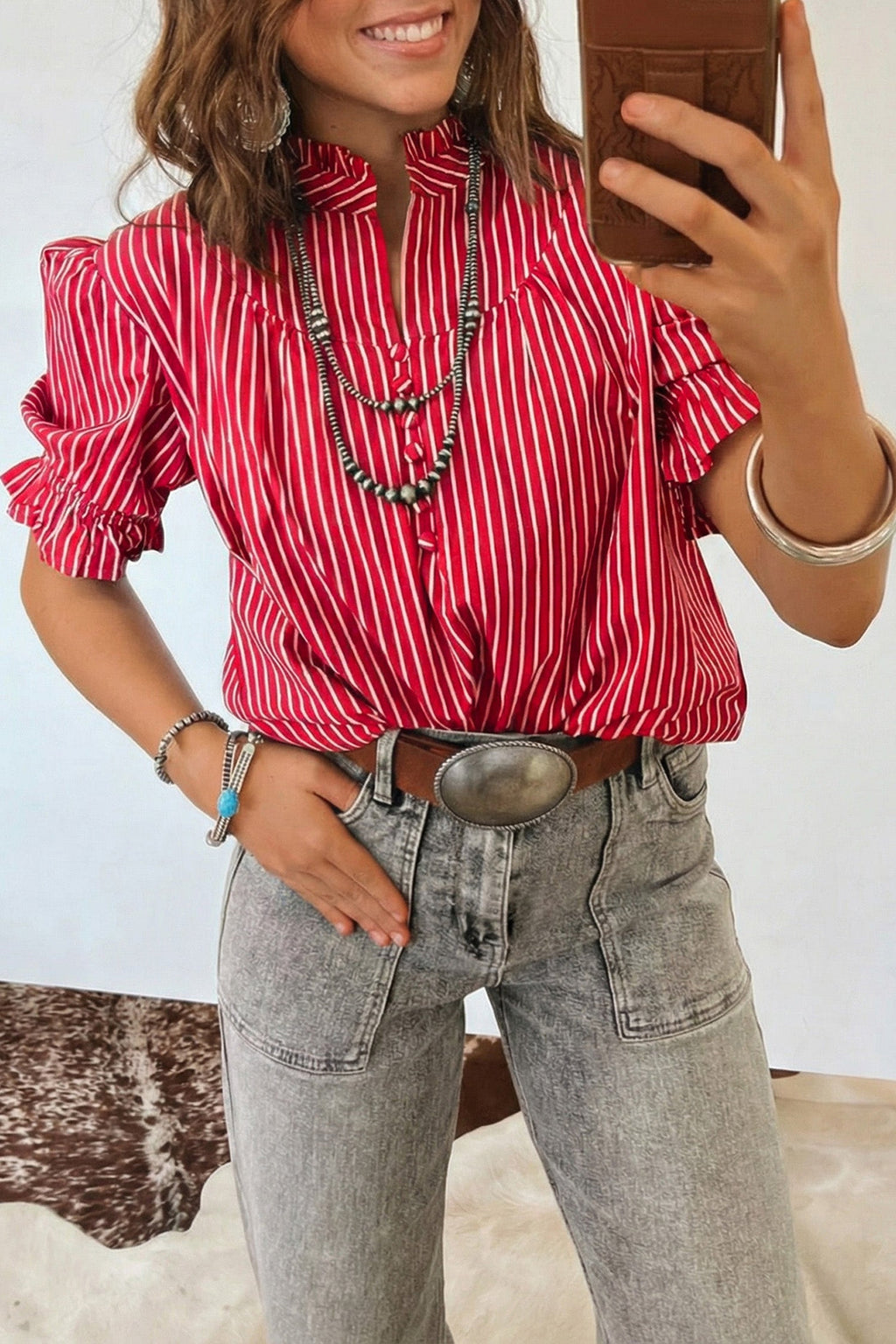 Red Stripe Ruffled Short Puff Sleeve Button Front Blouse