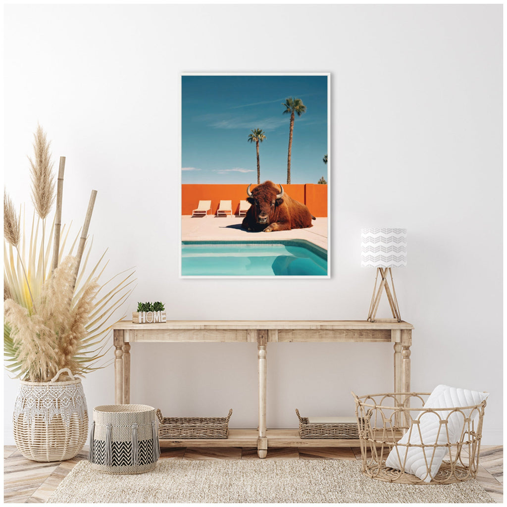 Sylvie Bison Chilling by the Pool in California Framed Canvas by Michael Schauer