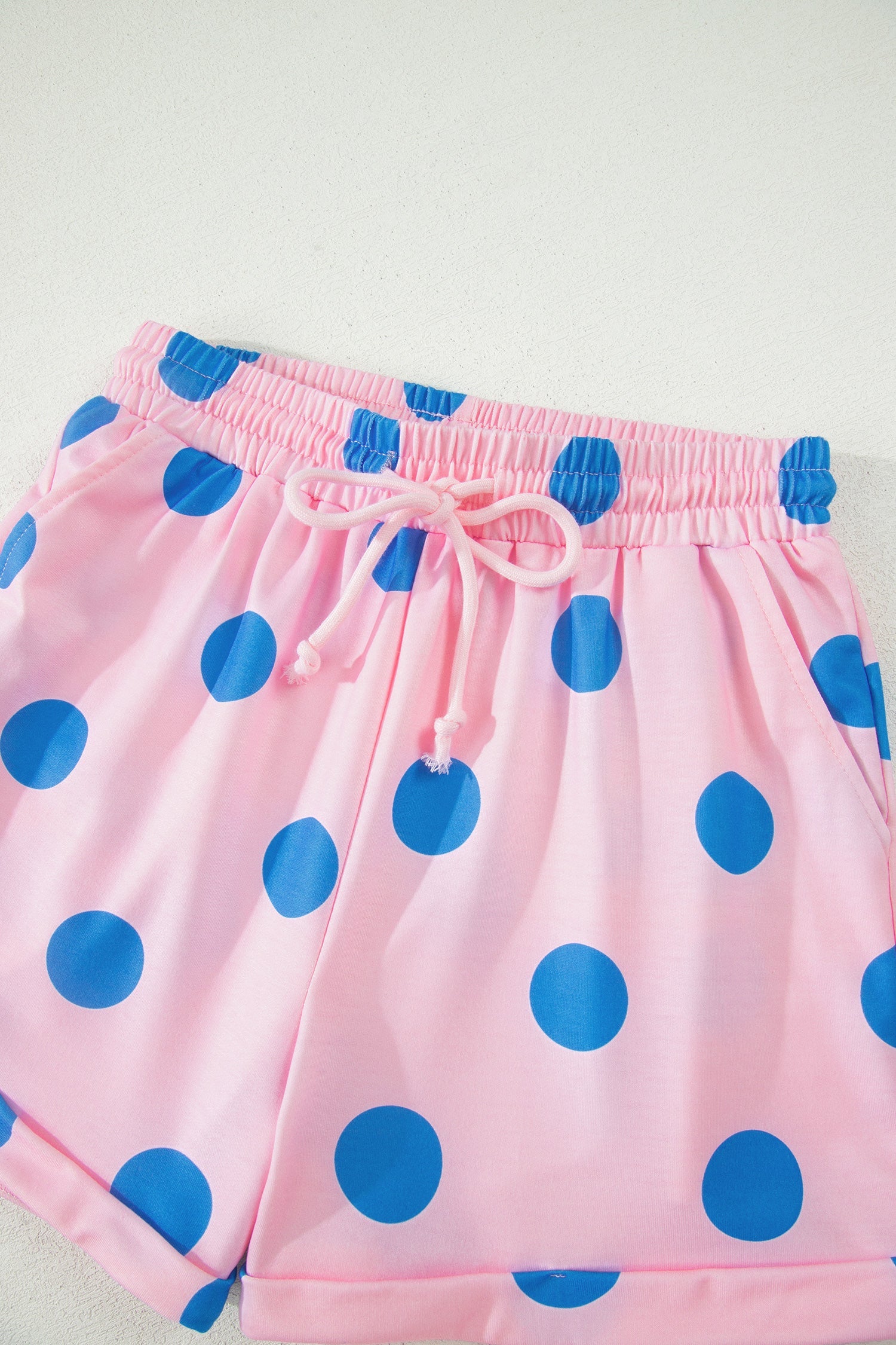Pink Polka Dot Print V Neck Tee Short Set