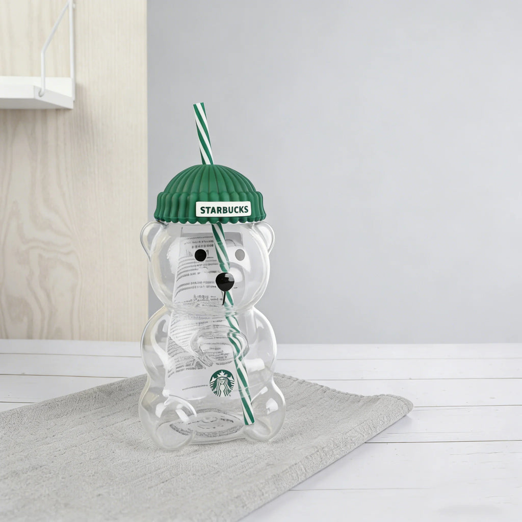 Starbucks Bearista Bear Clear Glass Cup 591ml Green Lid Straw Cold Water Tumbler Café Gift