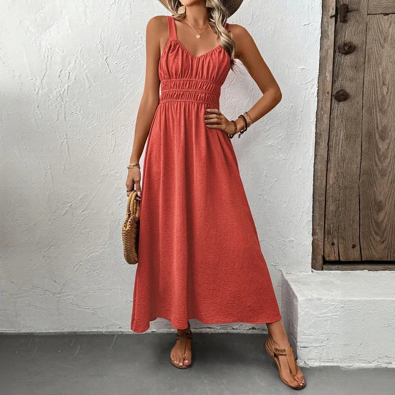 Women Dresses Solid Dress Pleated Camisole V Neck Sleeveless Ankle Length Cinched Empire Waist Casual Loose Fit 2026 Summer