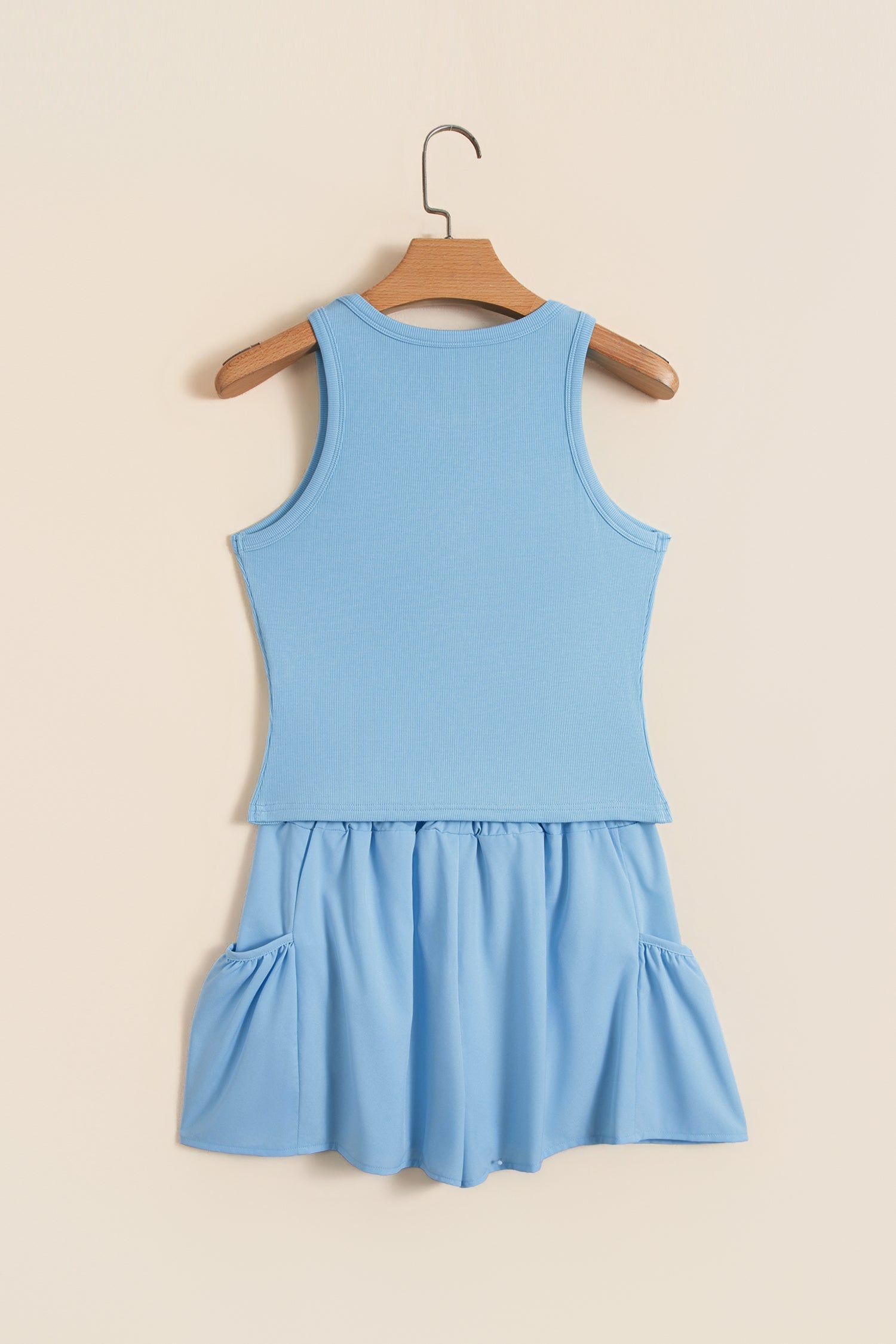 Mist Blue Ribbed Slim Tank Pocketed Wide Leg Shorts Set