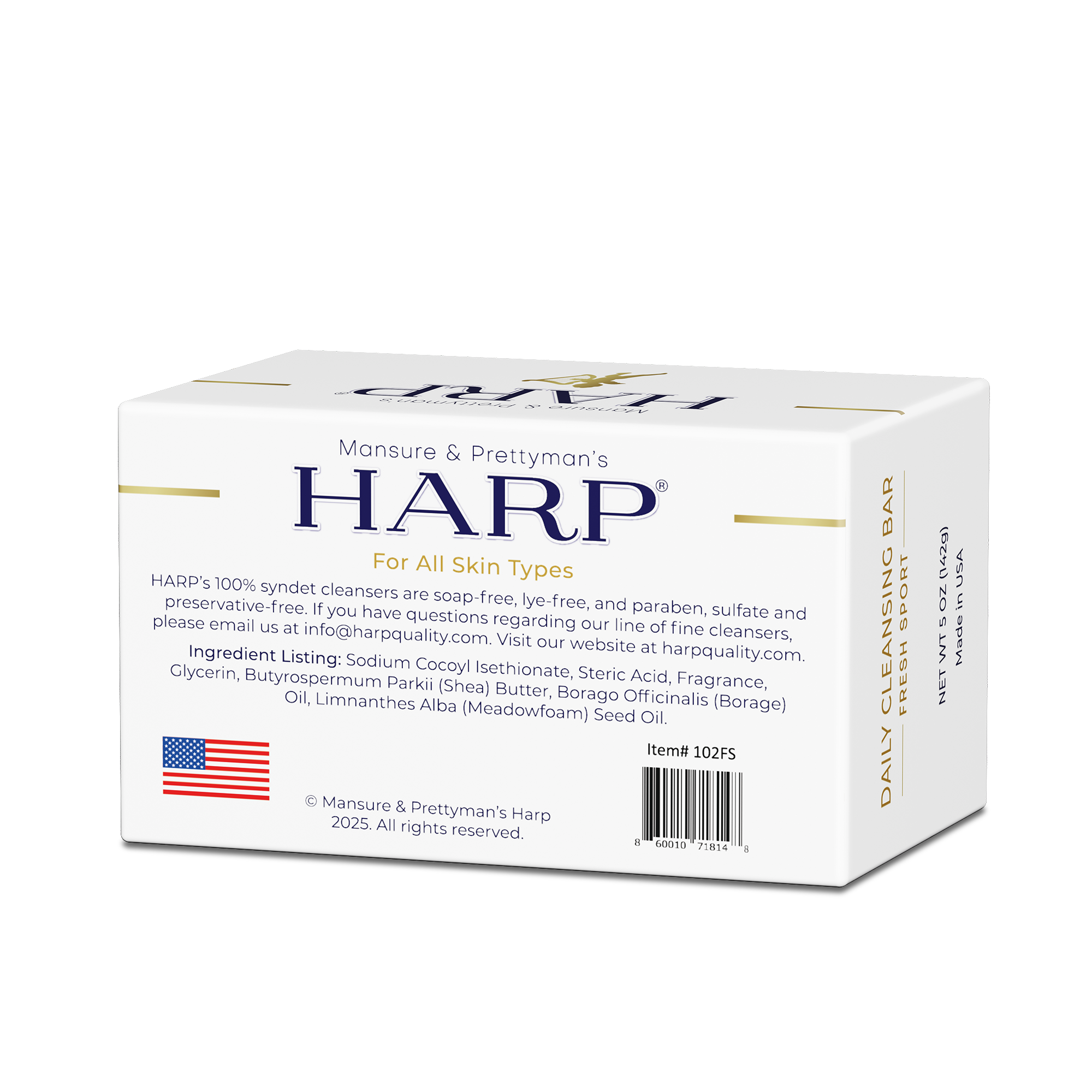 HARP® Fresh Sport Body Wash Bar – pH Balanced (5.0–6.0) Syndet Cleanser, Soap-Free & No Lye, Non-Comedogenic, Gentle for Sensitive & Dry Skin, With Shea Butter & Borage Oil