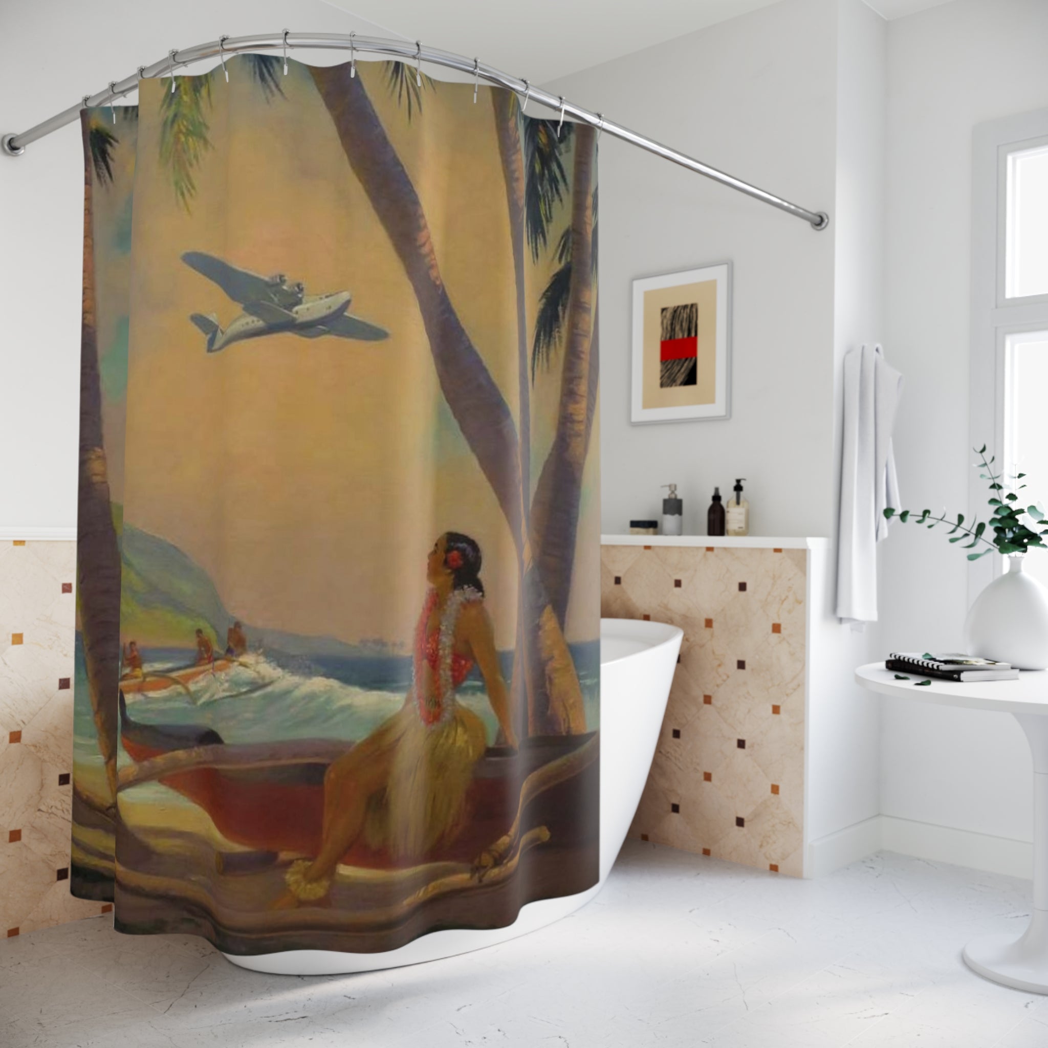 Tropical Vintage Plane Shower Curtain — Hawaiian Hula Beach Scene