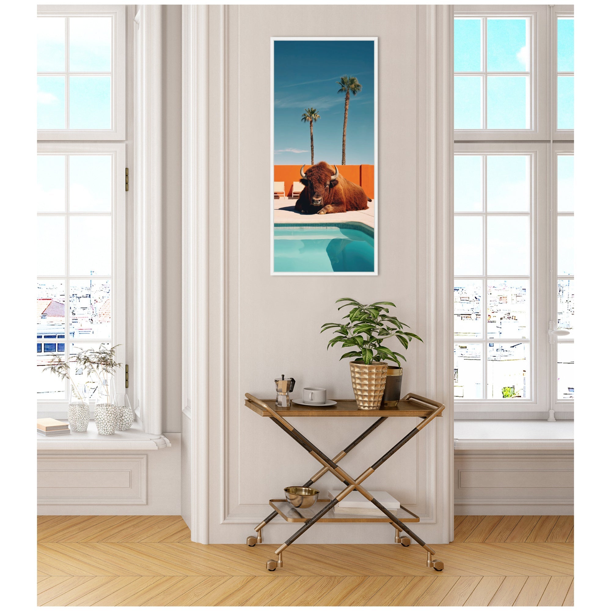 Sylvie Bison Chilling by the Pool in California Framed Canvas by Michael Schauer