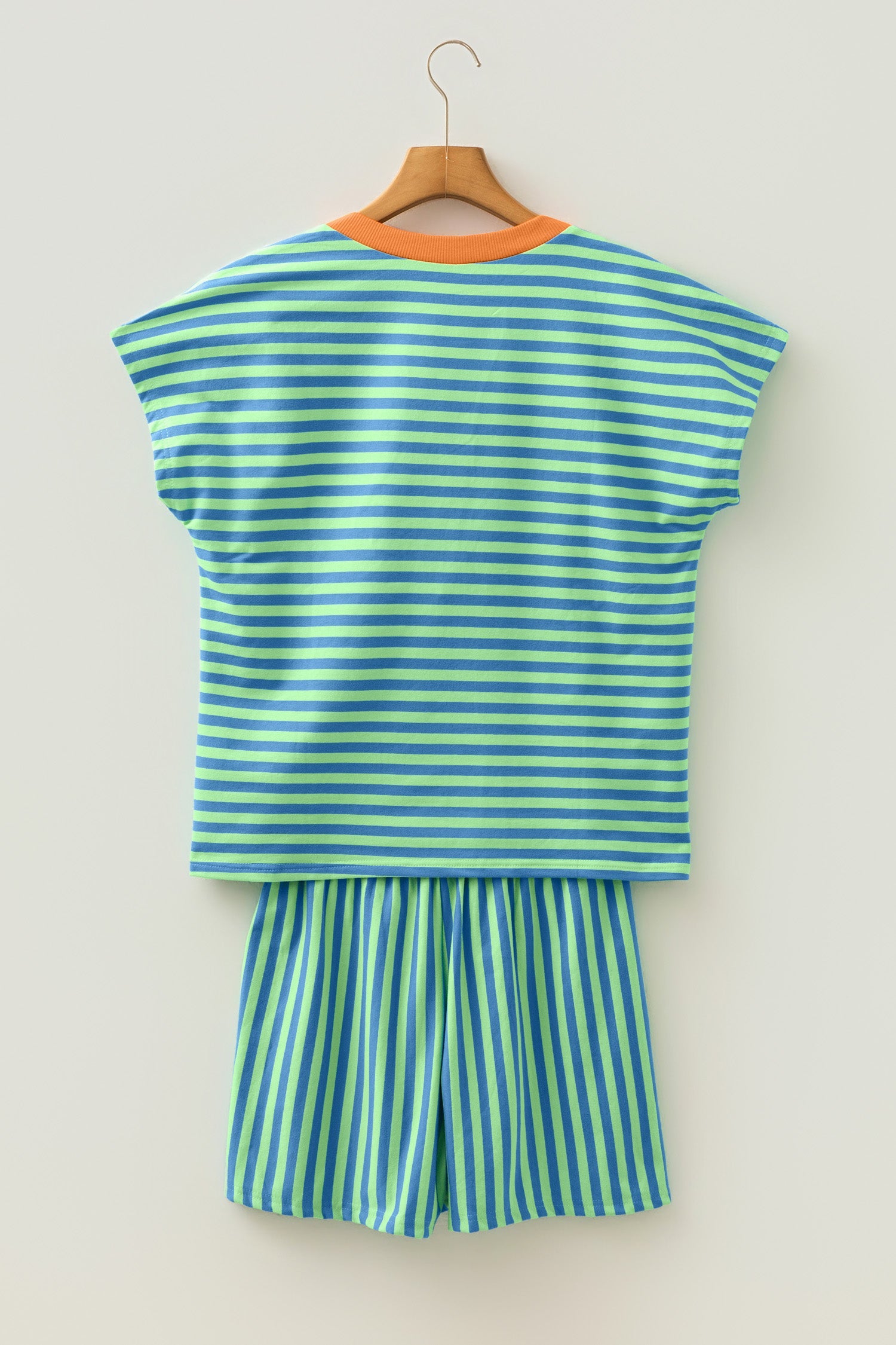 Green Stripe Colorblock Trim V Neck Tee Drawstring Elastic Waist Short Set