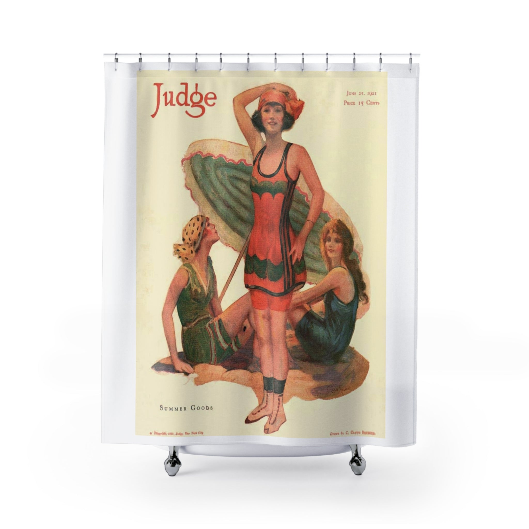 Vintage 1920s Swimwear Illustration Shower Curtain | Retro Beach Bath Decor