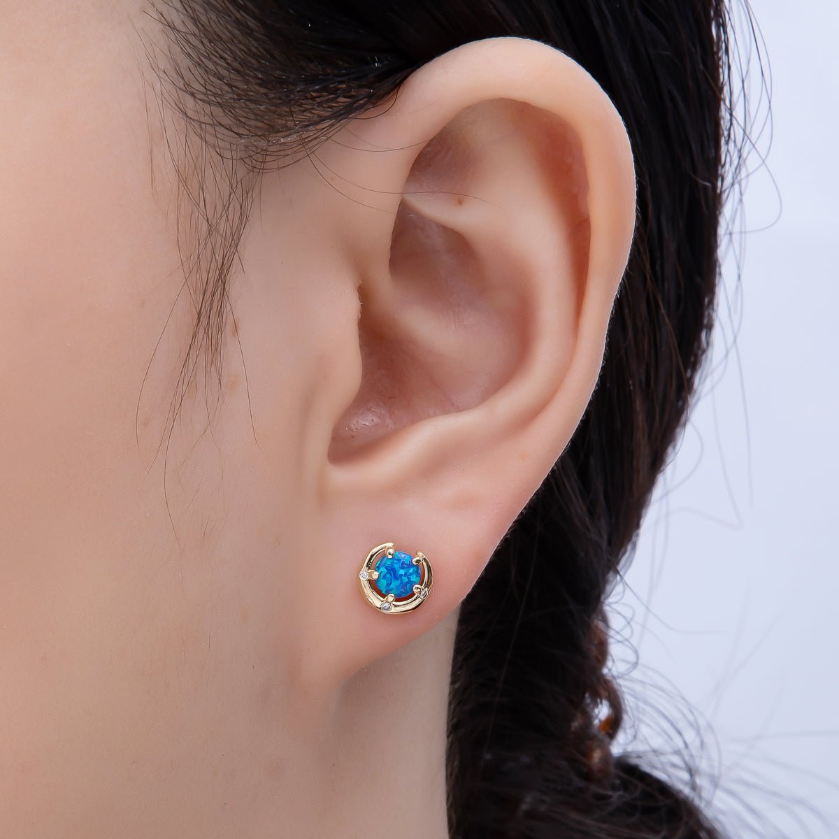 14K Gold Filled 8mm White, Blue Opal Clear CZ Dotted Curved Round Bezel Stud | Earrings-00464 Earrings-00465