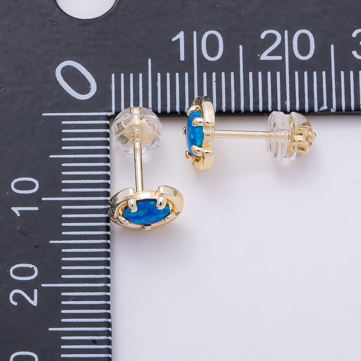 14K Gold Filled 8mm White, Blue Opal Clear CZ Dotted Curved Round Bezel Stud | Earrings-00464 Earrings-00465