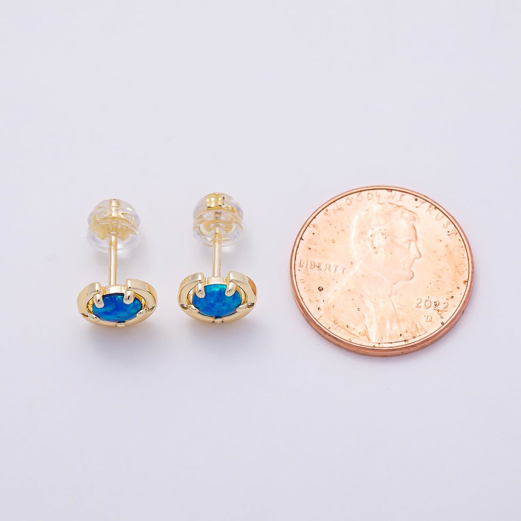 14K Gold Filled 8mm White, Blue Opal Clear CZ Dotted Curved Round Bezel Stud | Earrings-00464 Earrings-00465