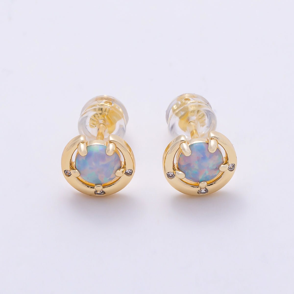14K Gold Filled 8mm White, Blue Opal Clear CZ Dotted Curved Round Bezel Stud | Earrings-00464 Earrings-00465