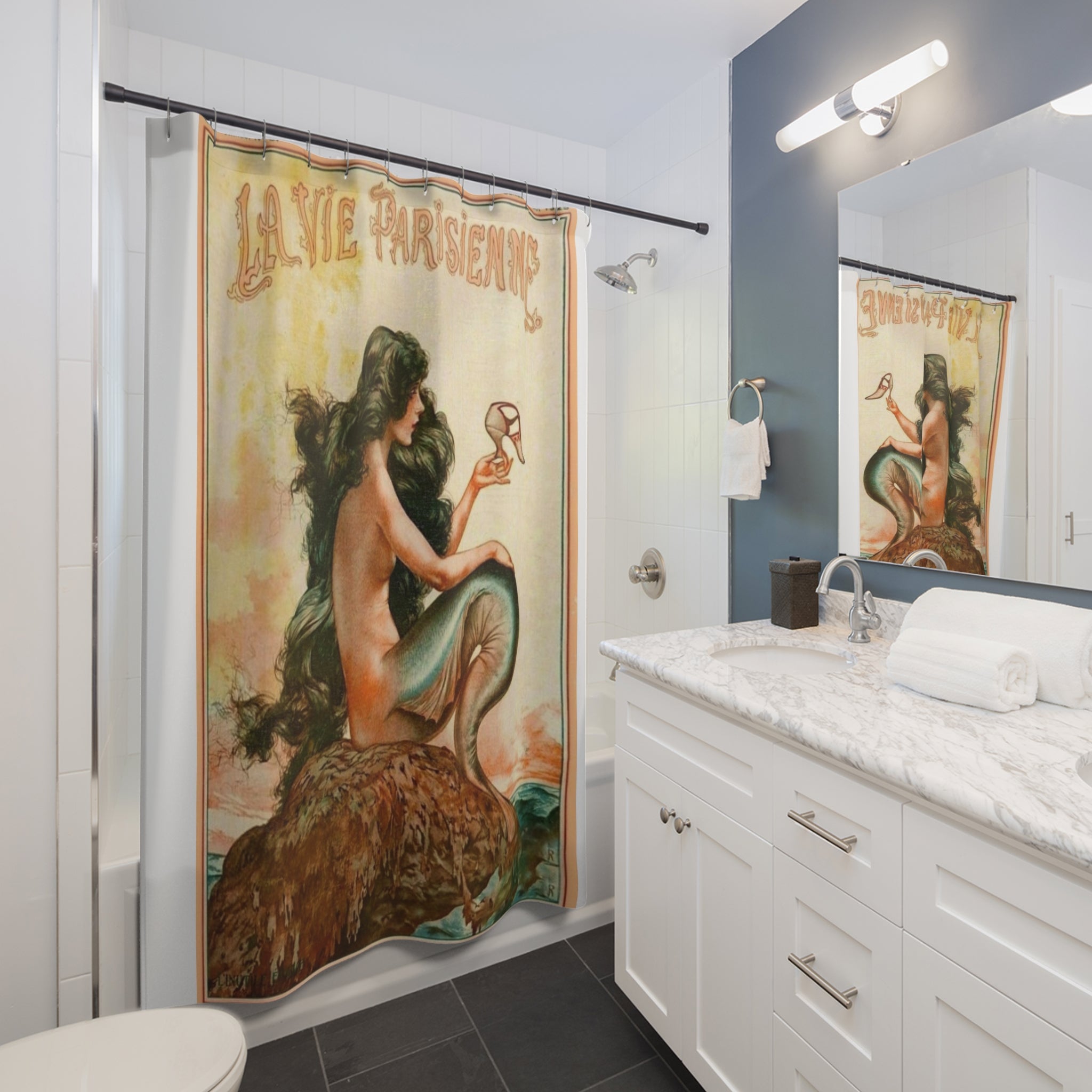 Mermaid Vintage Poster Shower Curtain — "La Vie Parisienne" Bathroom Decor