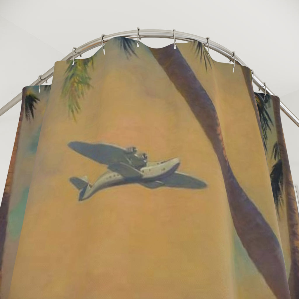 Tropical Vintage Plane Shower Curtain — Hawaiian Hula Beach Scene