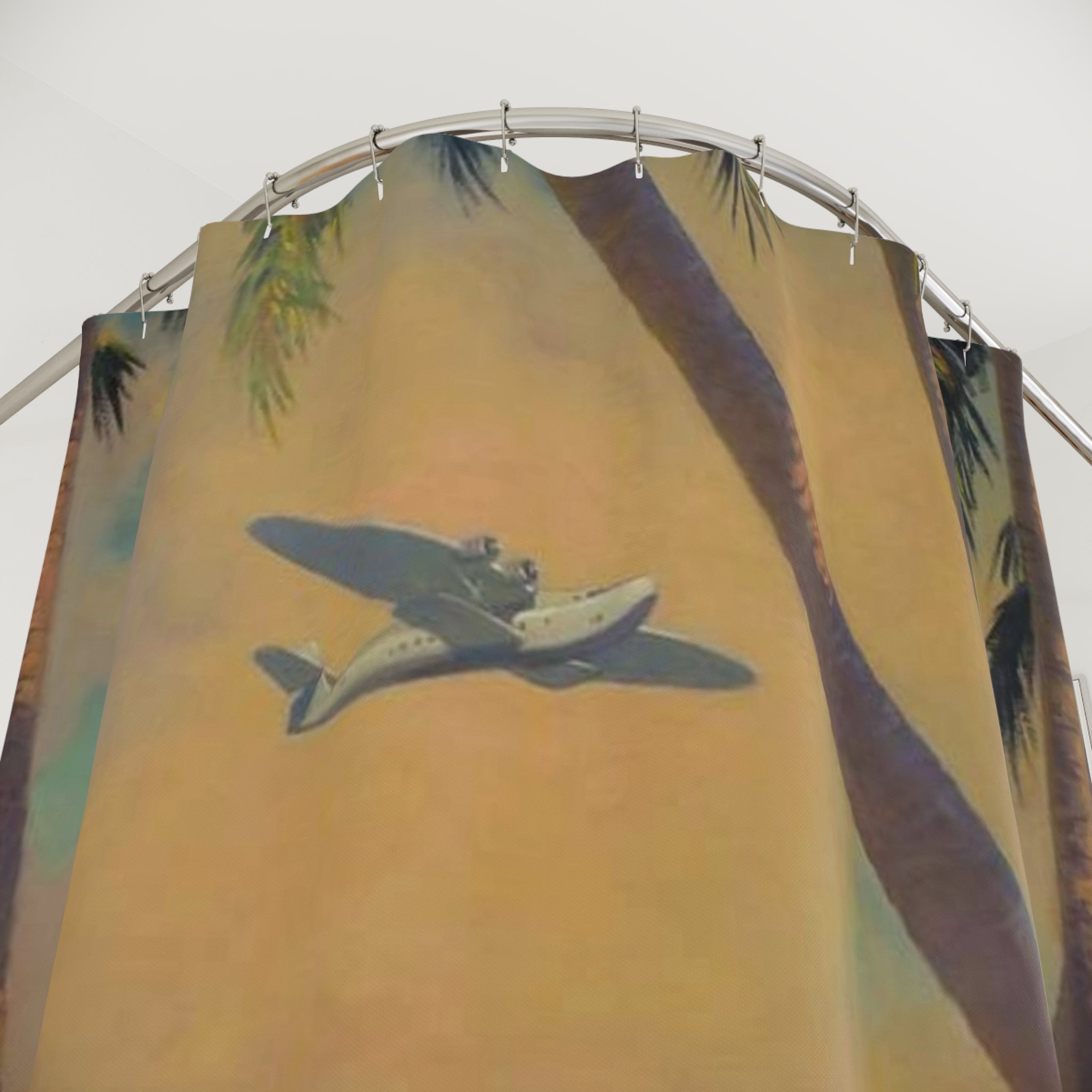 Tropical Vintage Plane Shower Curtain — Hawaiian Hula Beach Scene