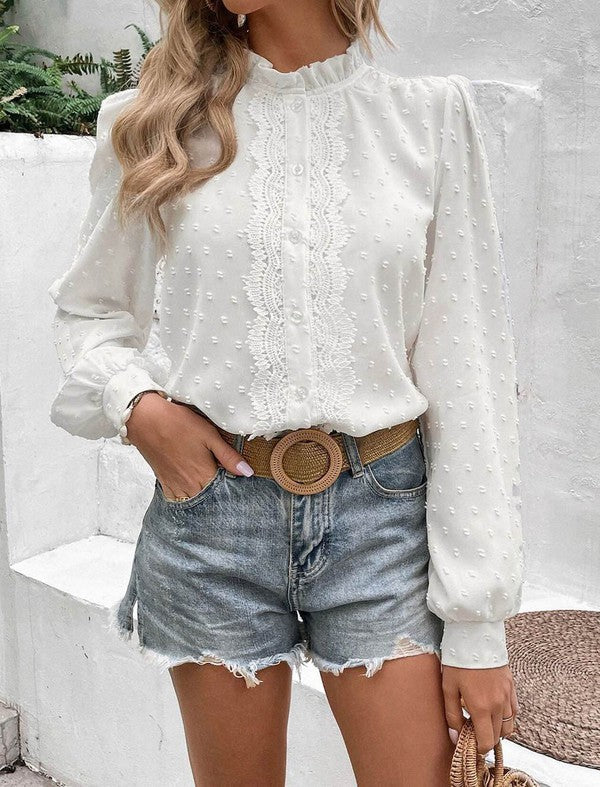 Miss Sparkling | Swiss Dot Lace Frill Neck Blouse – Vintage-Inspired Cottagecore Top