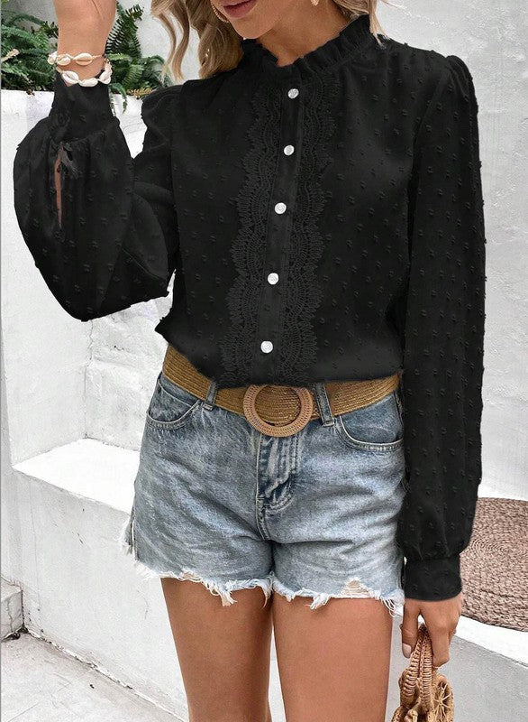 Miss Sparkling | Swiss Dot Lace Frill Neck Blouse – Vintage-Inspired Cottagecore Top