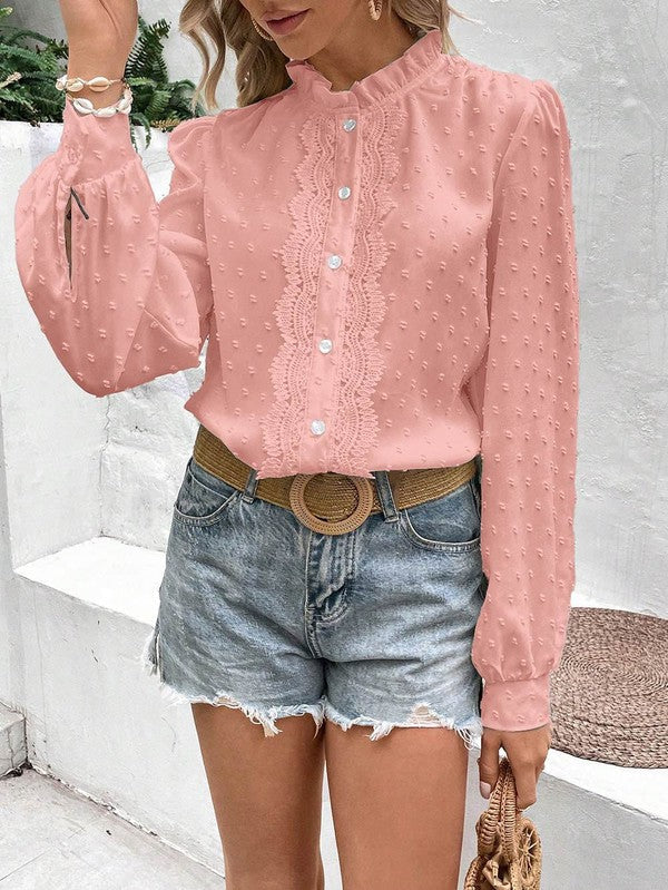 Miss Sparkling | Swiss Dot Lace Frill Neck Blouse – Vintage-Inspired Cottagecore Top