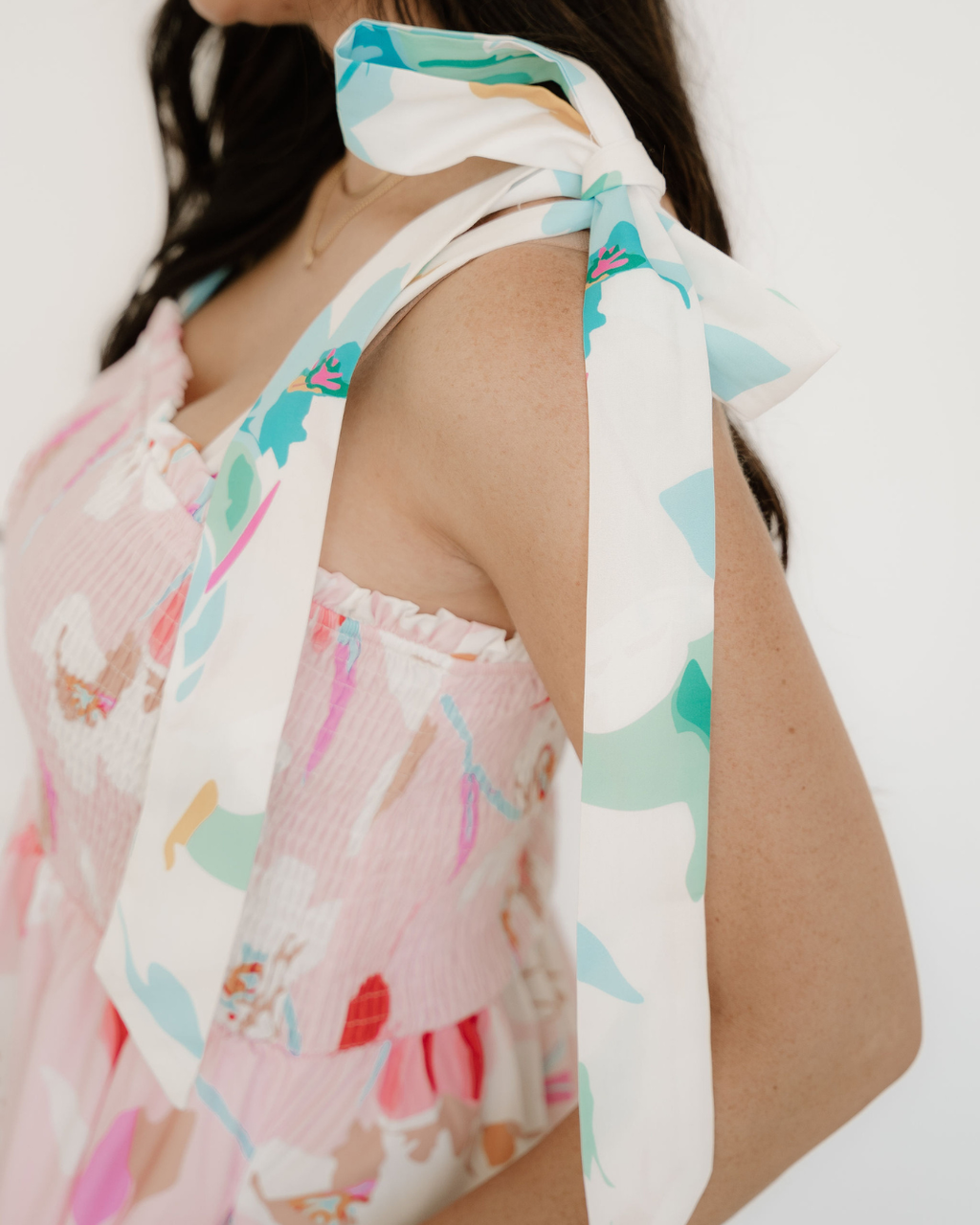 Sunshine Floral Print Knotted Shoulder Smocked Maxi Dress