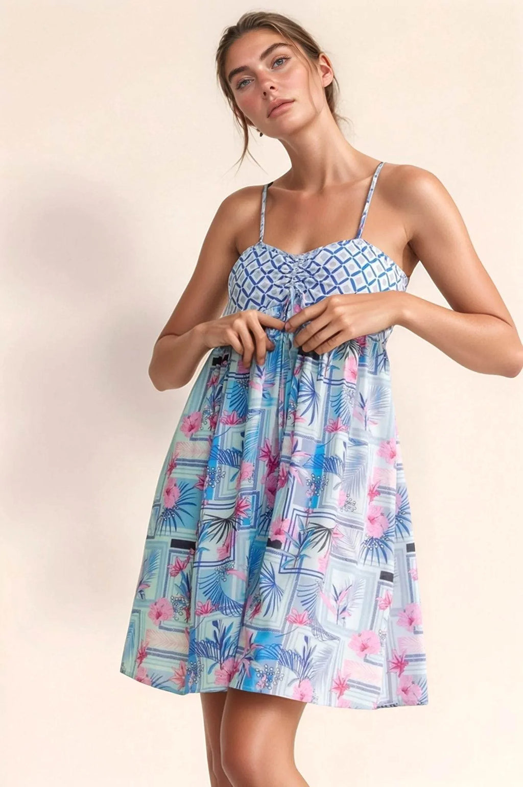 Davi & Dani Tropical Floral Geo Print Tie Back Tube Top Romper