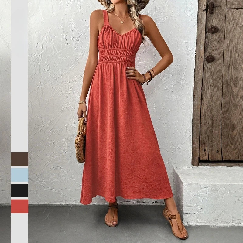 Women Dresses Solid Dress Pleated Camisole V Neck Sleeveless Ankle Length Cinched Empire Waist Casual Loose Fit 2026 Summer