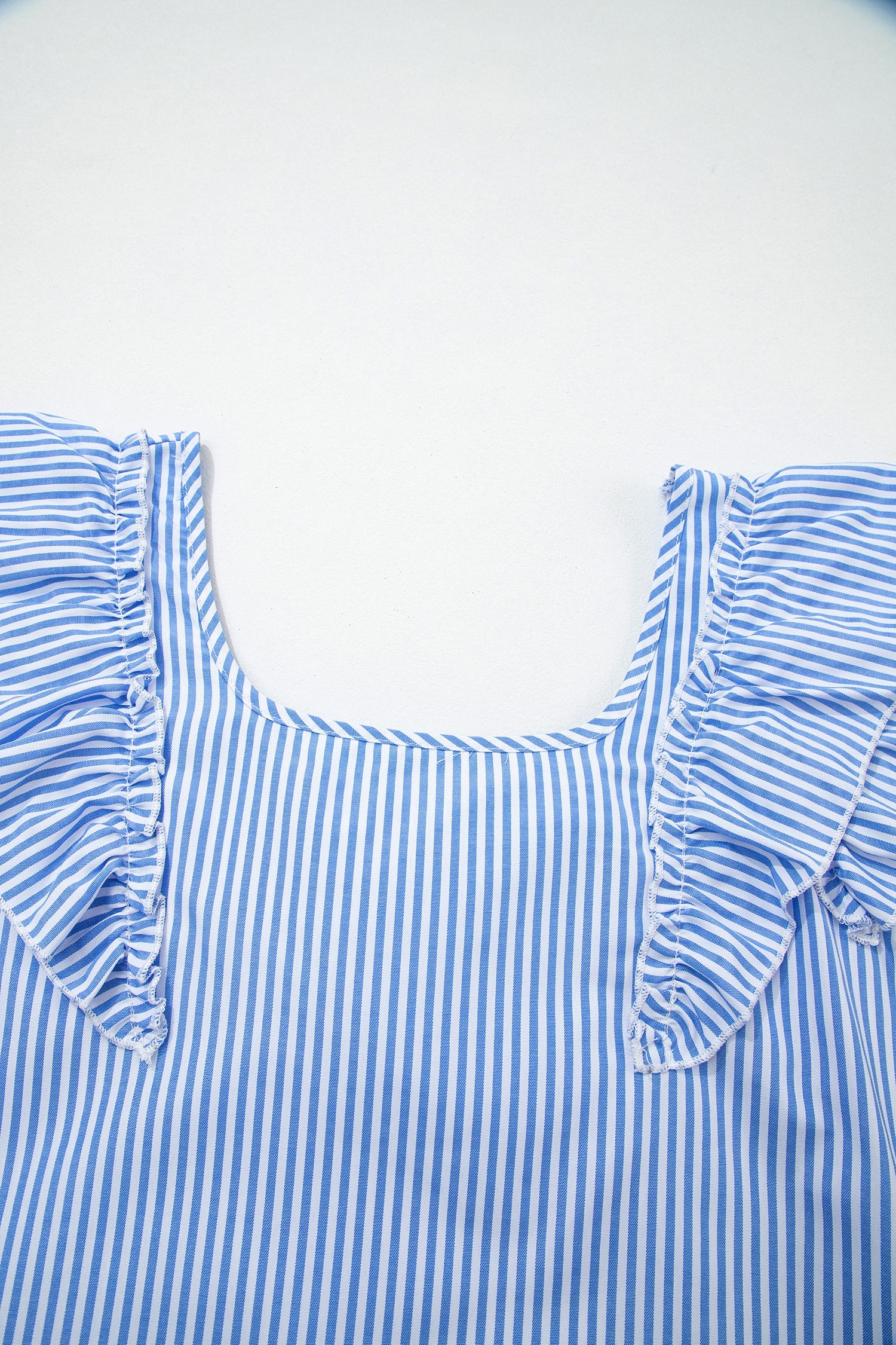 Sky Blue Stripe Square Neck Bow Decor Frilly Ruffled Short Sleeve Blouse