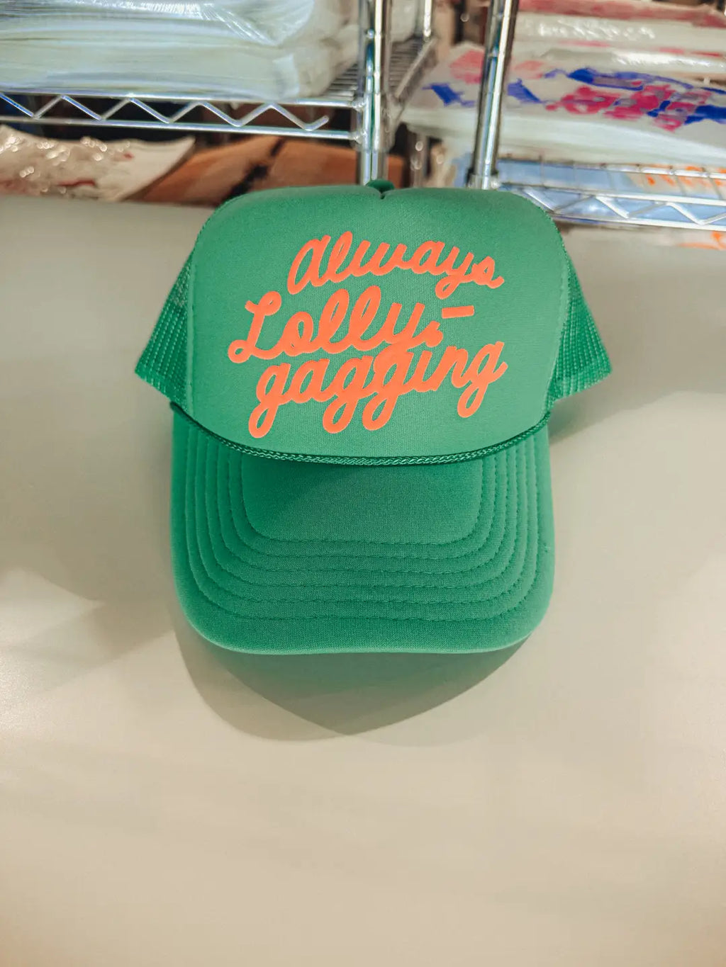 Underground Original Design: Always Lollygagging, (Coral) PUFF Trucker Hat
