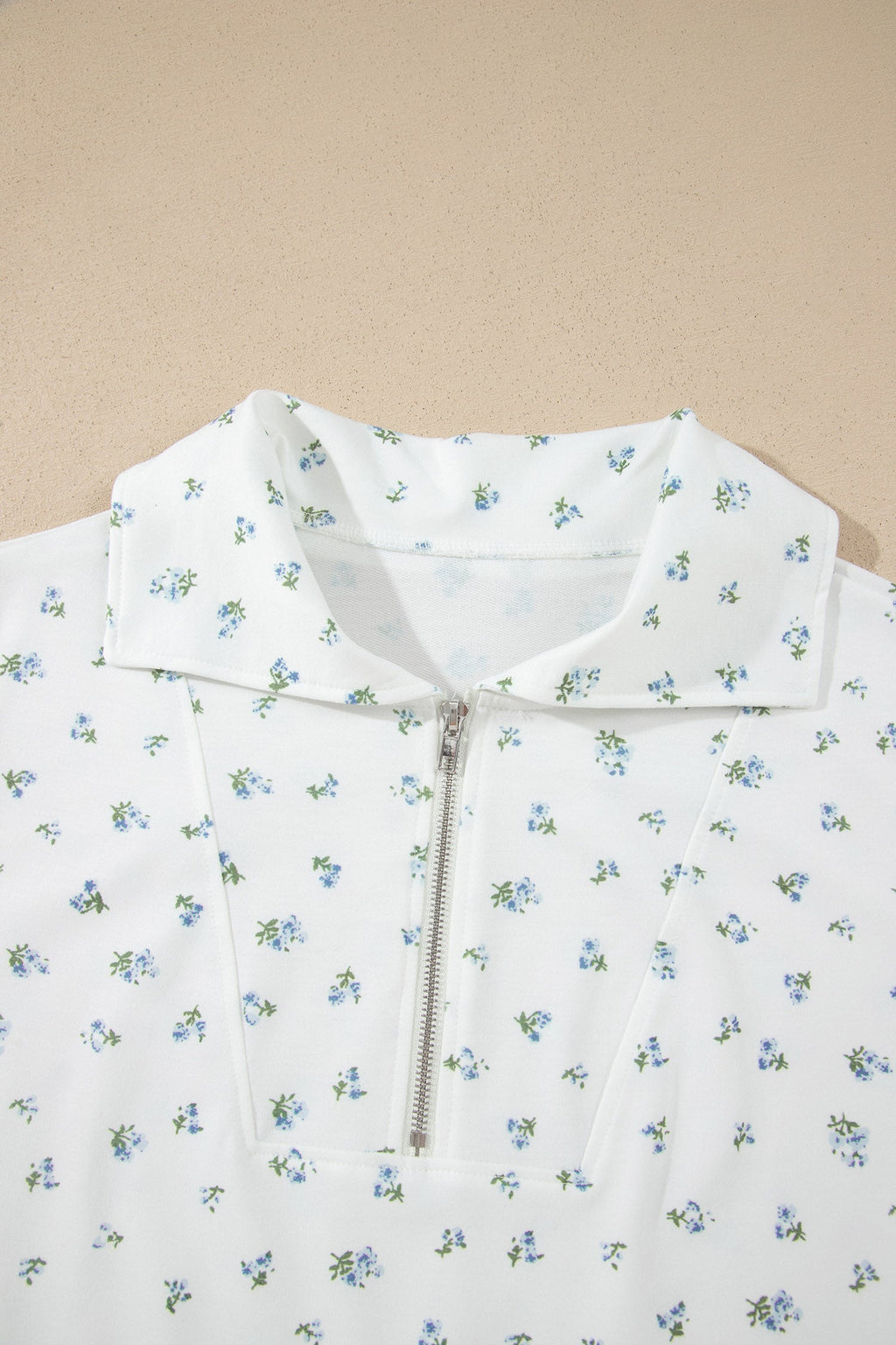 White Floral Print Half Zip Top Matching Short Set