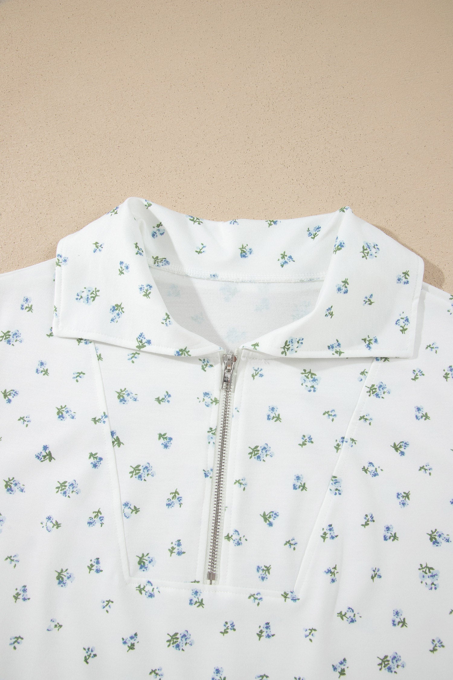 White Floral Print Half Zip Top Matching Short Set