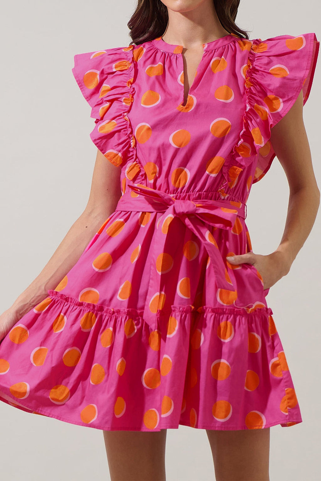 Rose Double Polka Dot V Neck Ruffled Short Sleeve Dress
