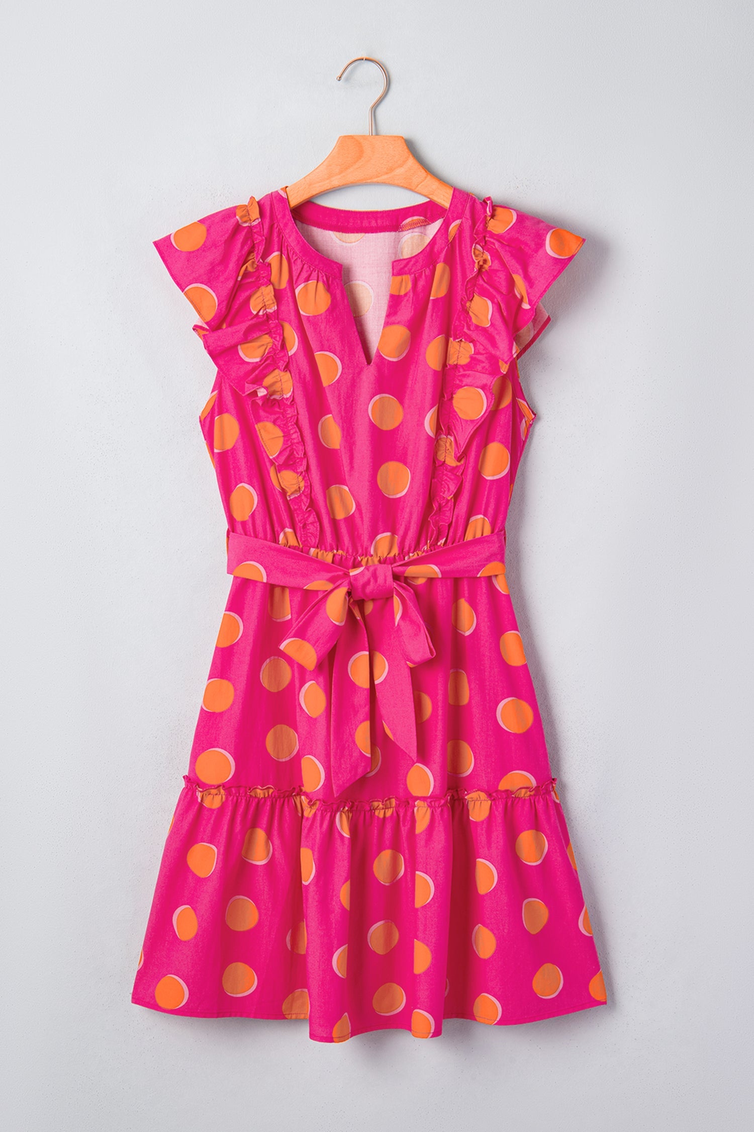 Rose Double Polka Dot V Neck Ruffled Short Sleeve Dress