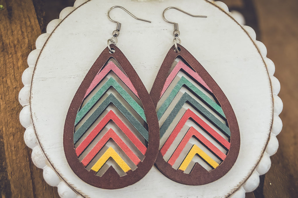 Wooden Rainbow Mountains Laser Cut Earrings