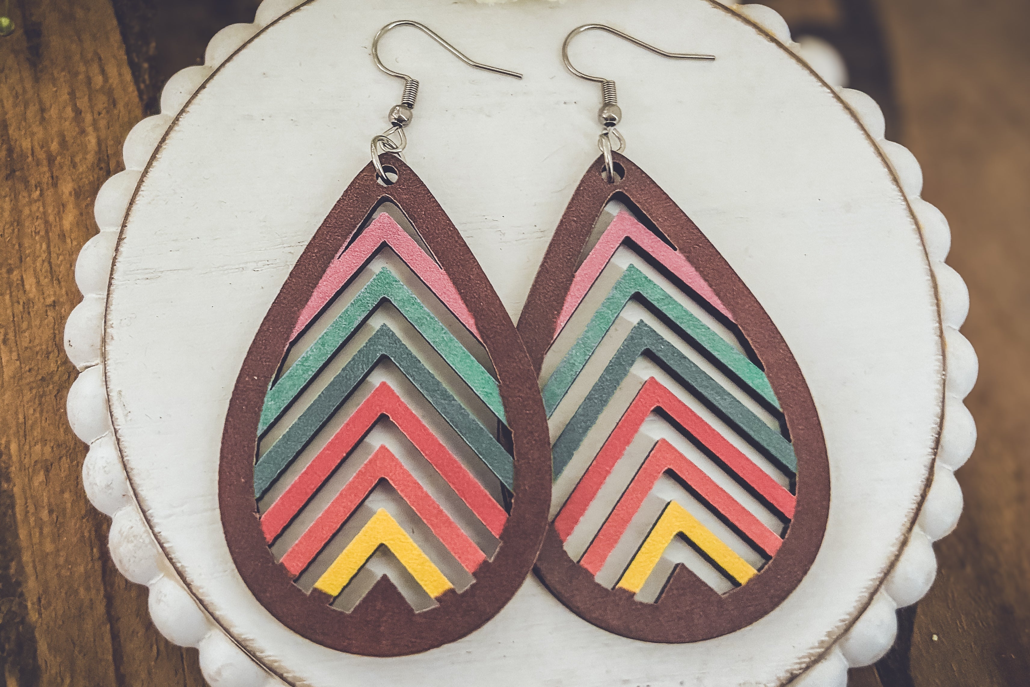 Wooden Rainbow Mountains Laser Cut Earrings