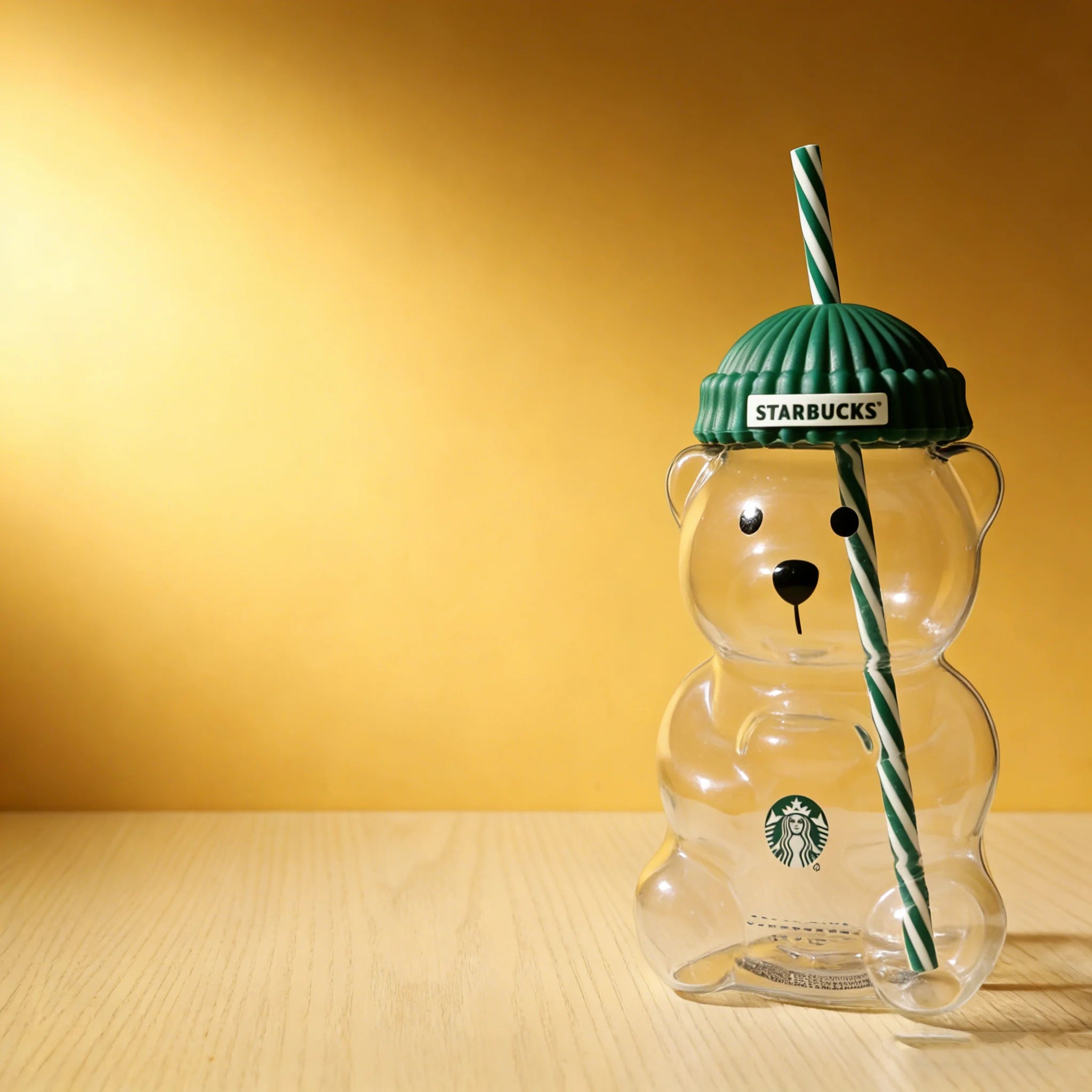 Starbucks Bearista Bear Clear Glass Cup 591ml Green Lid Straw Cold Water Tumbler Café Gift