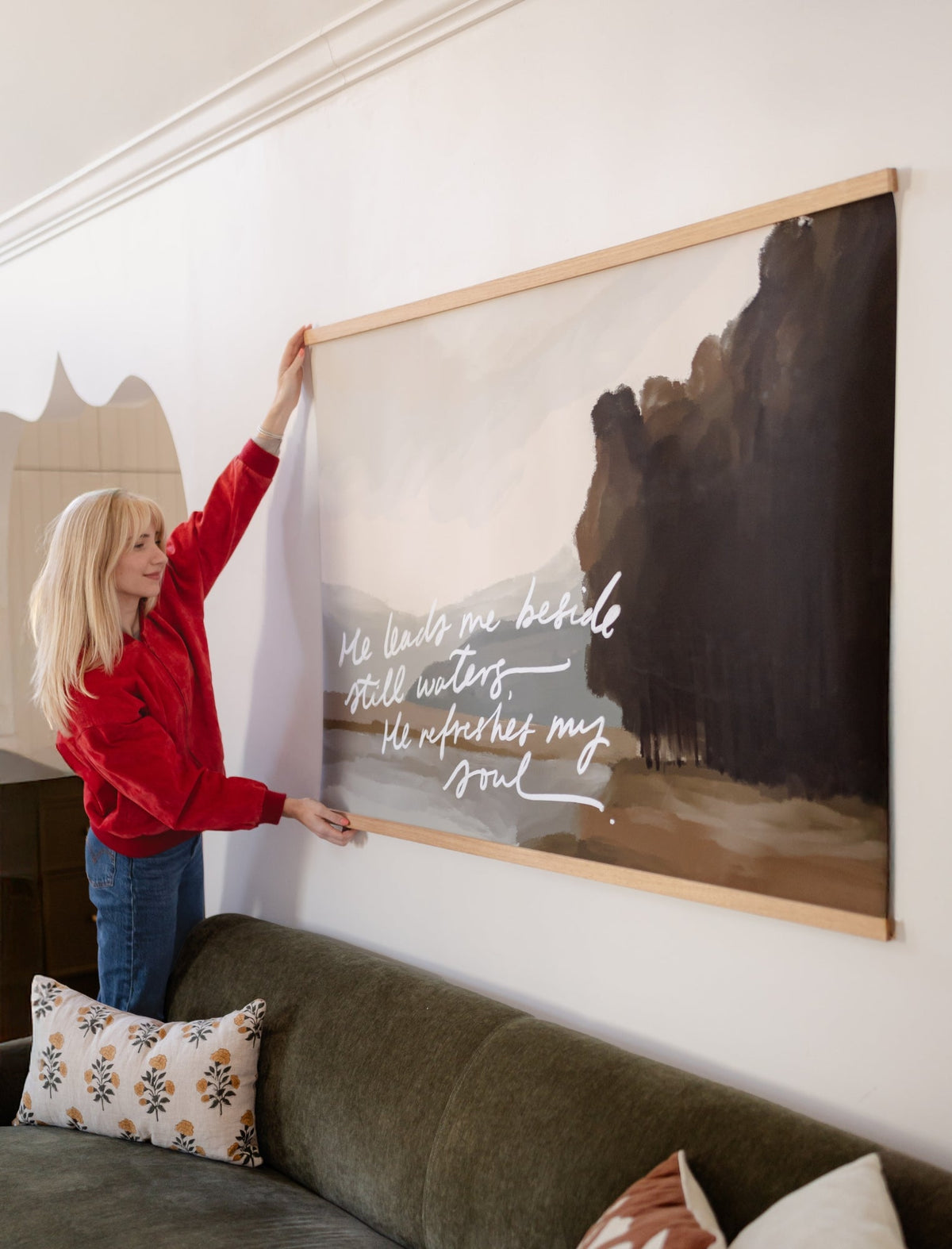 Large Canvas with Banner Wood: He leads me besides still waters