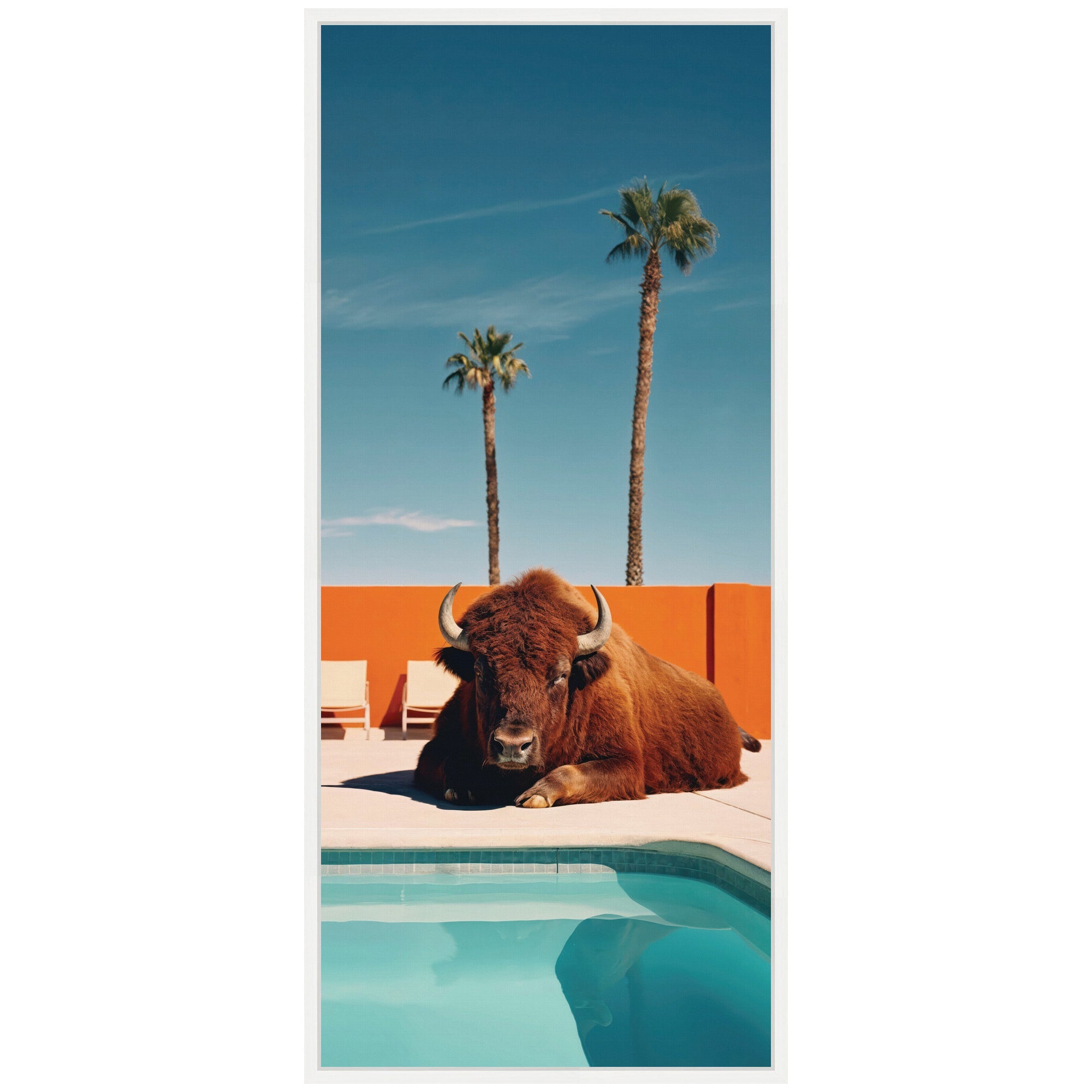 Sylvie Bison Chilling by the Pool in California Framed Canvas by Michael Schauer