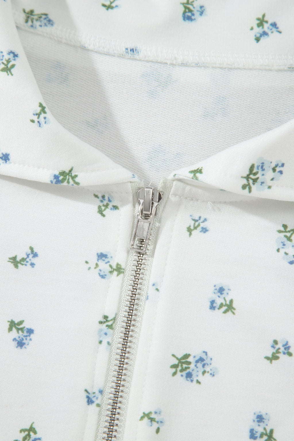 White Floral Print Half Zip Top Matching Short Set