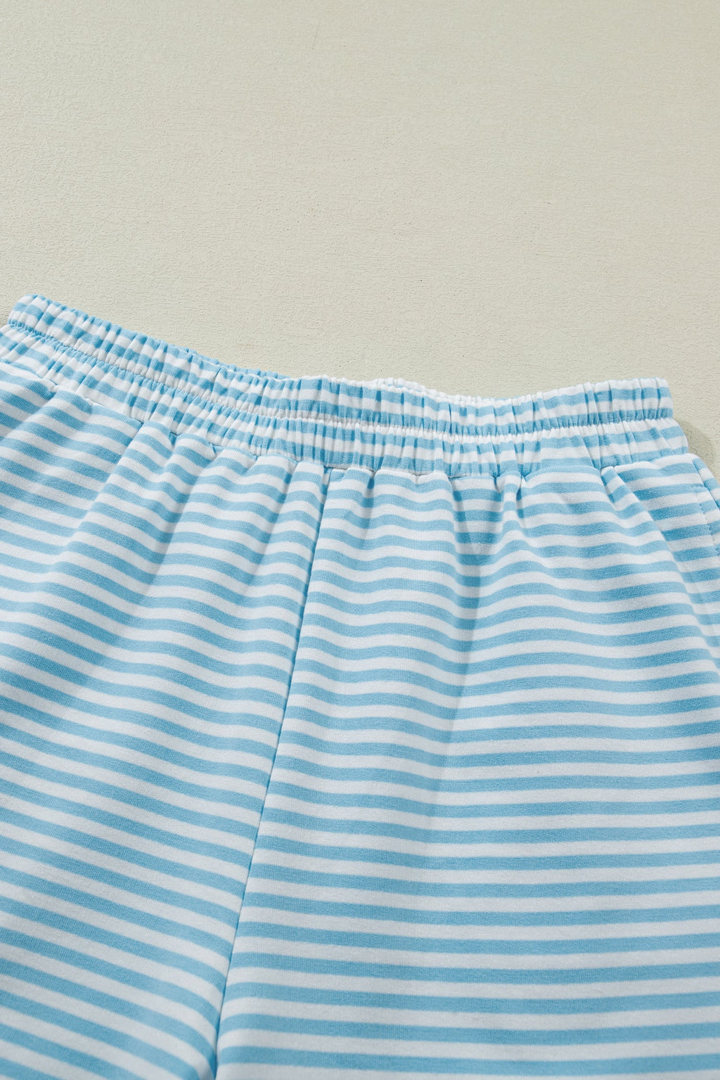 Sky Blue Stripe Cuffed Sleeve Contrast Mock Neck Tee Casual 2pcs Short Set