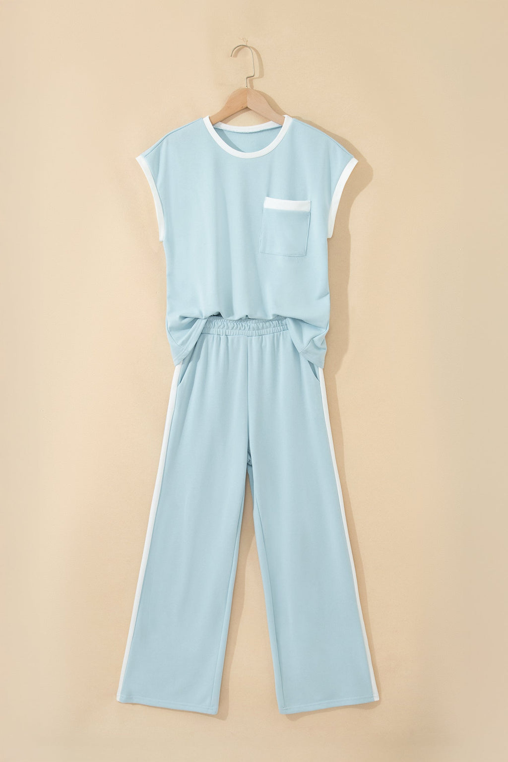 Mist Blue Contrast Trim Round Neck Pocketed Boxy Tank Top Wide Leg Pant Set