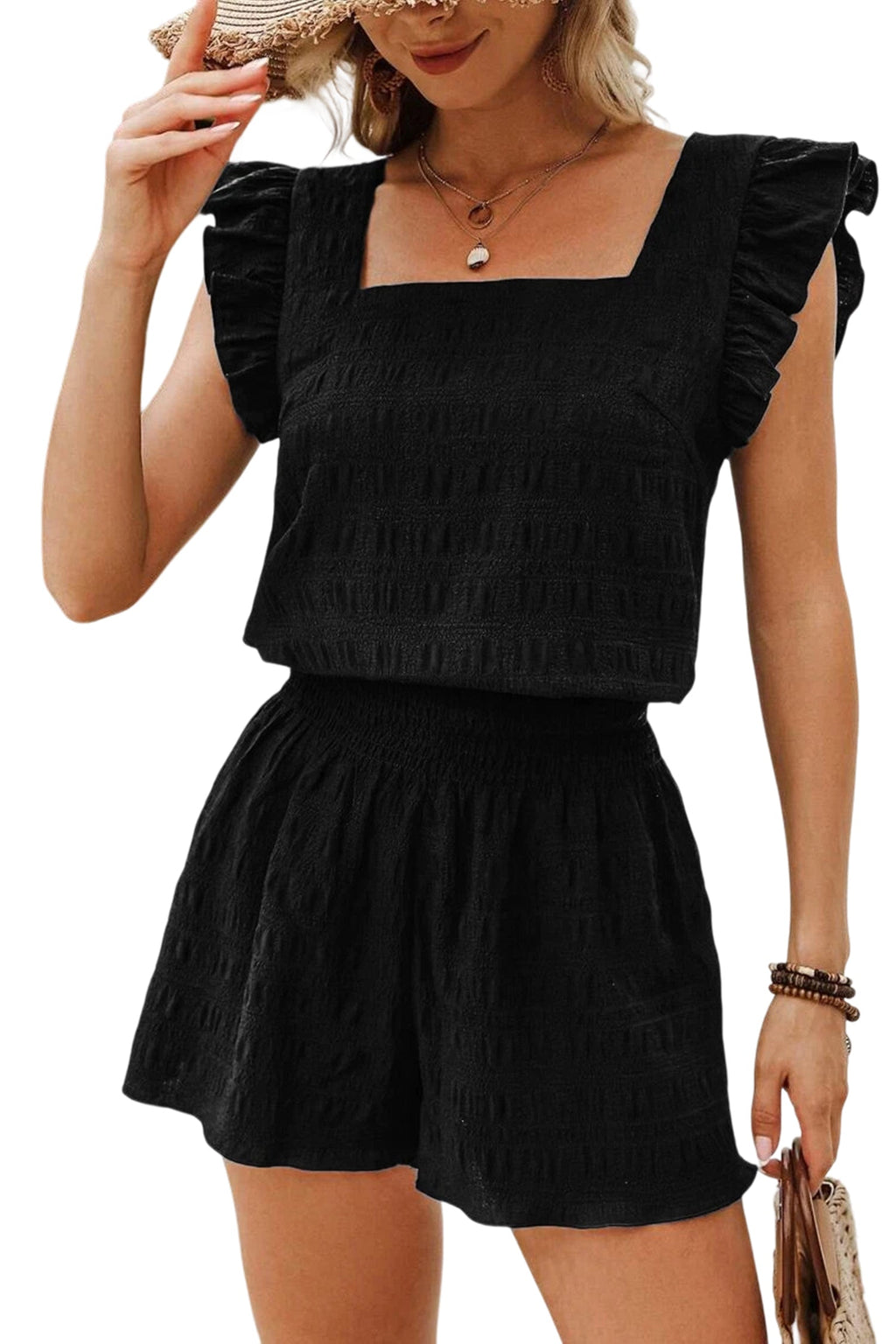 Black Textured Square Neck Top and Shirred High Waist Shorts Set