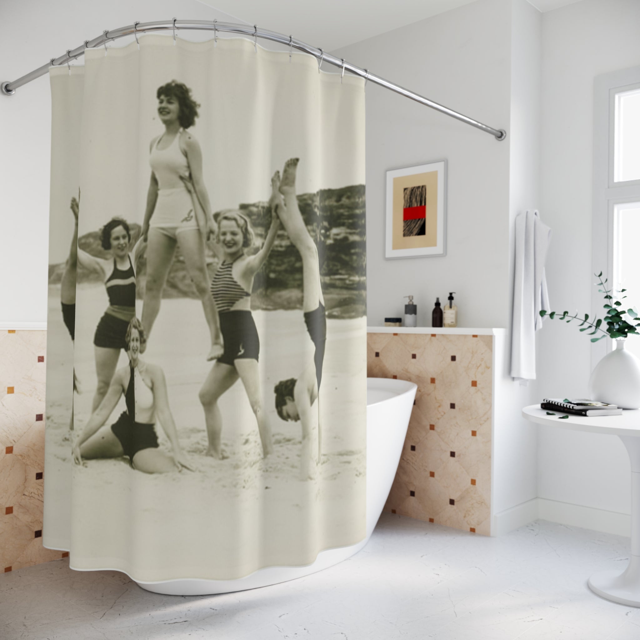 Vintage Beach Bath Curtain — Retro 1920s Swimsuit Photo Shower Curtain