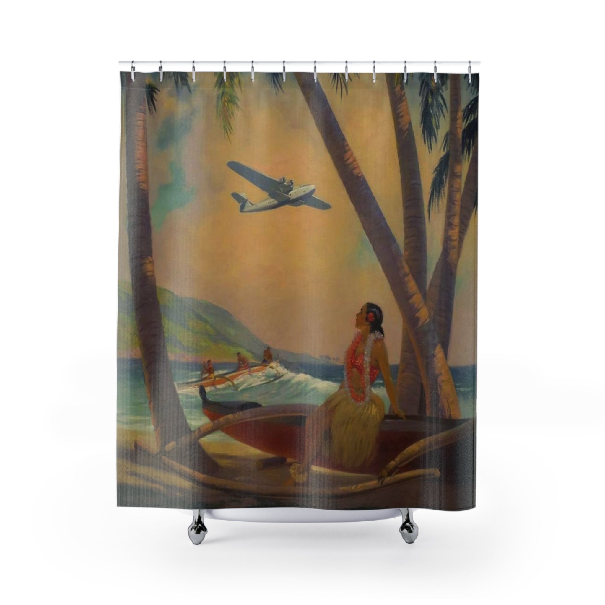 Tropical Vintage Plane Shower Curtain — Hawaiian Hula Beach Scene
