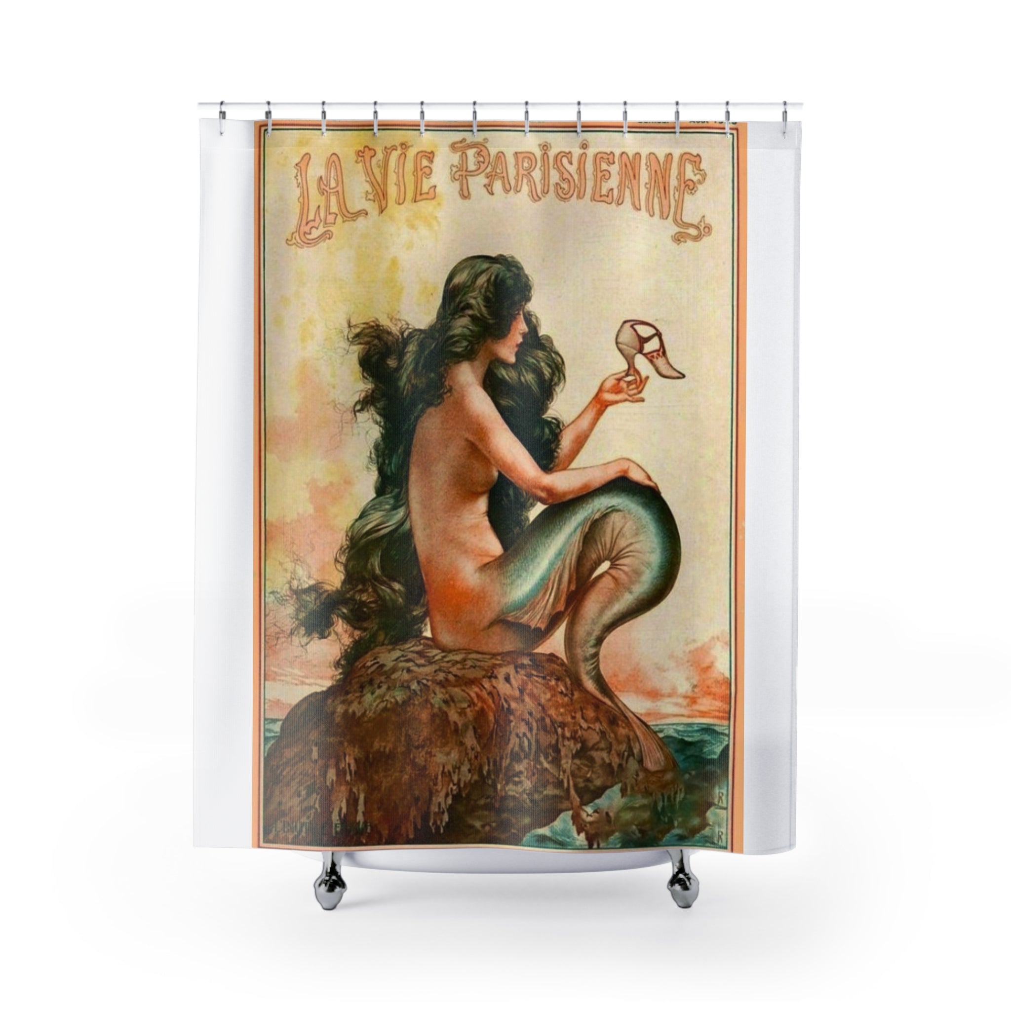 Mermaid Vintage Poster Shower Curtain — "La Vie Parisienne" Bathroom Decor