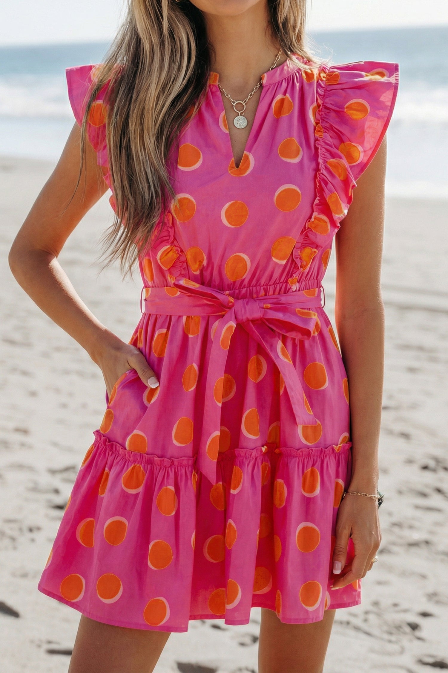 Rose Double Polka Dot V Neck Ruffled Short Sleeve Dress