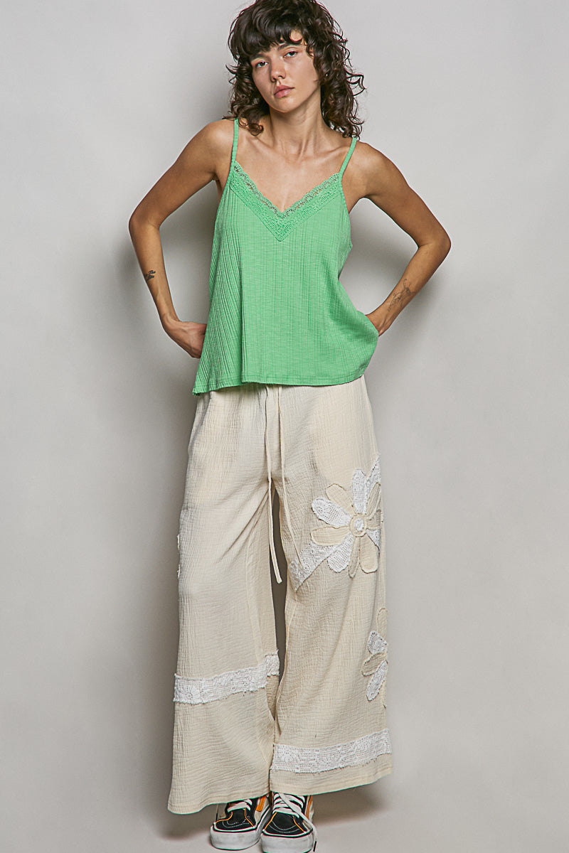 POL Lace Detail V-Neck Textured Knit Cami in Green
