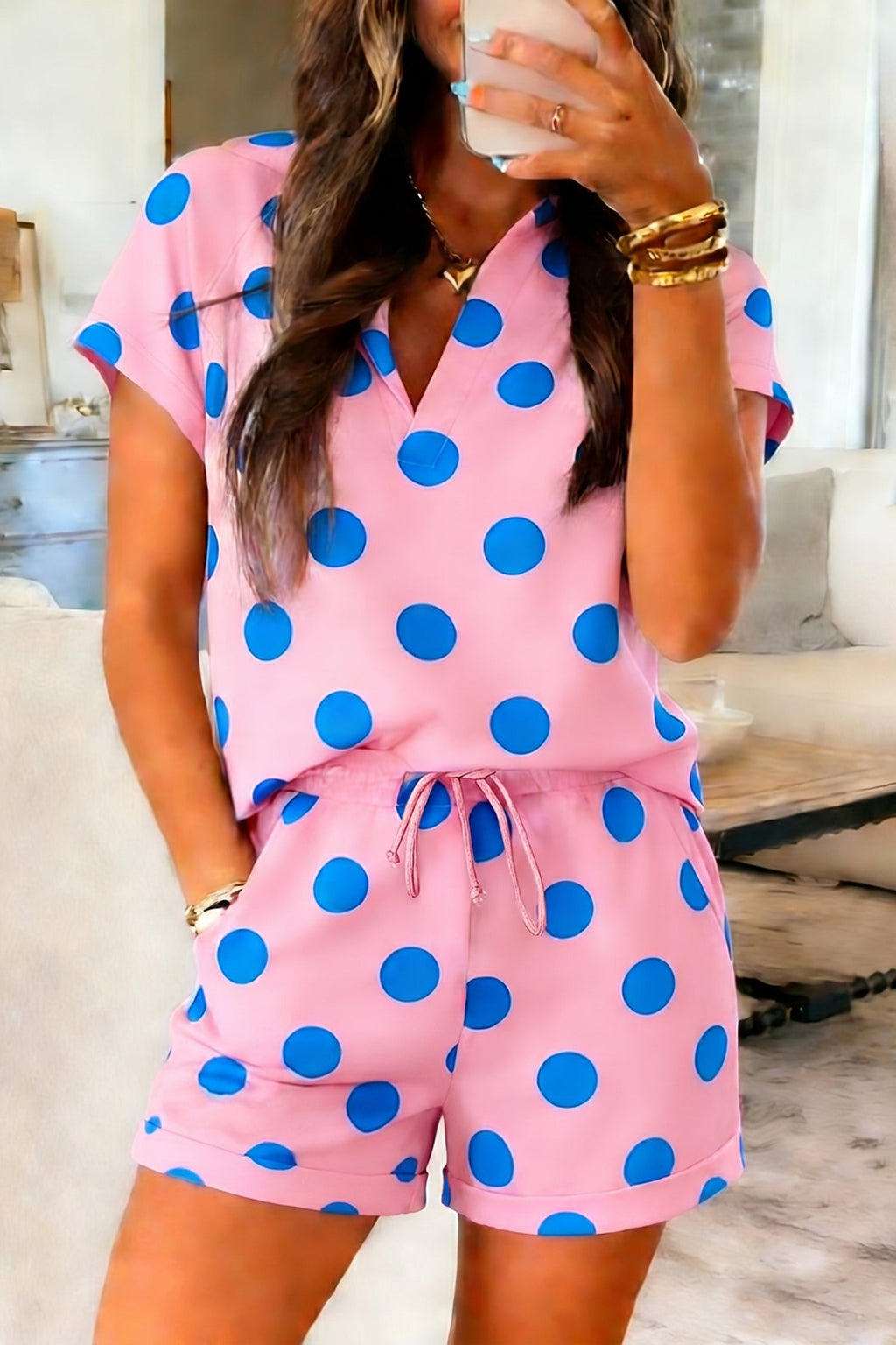 Pink Polka Dot Print V Neck Tee Short Set