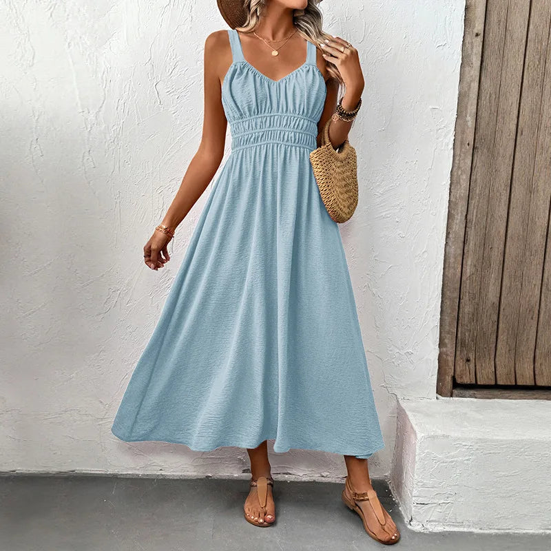 Women Dresses Solid Dress Pleated Camisole V Neck Sleeveless Ankle Length Cinched Empire Waist Casual Loose Fit 2026 Summer
