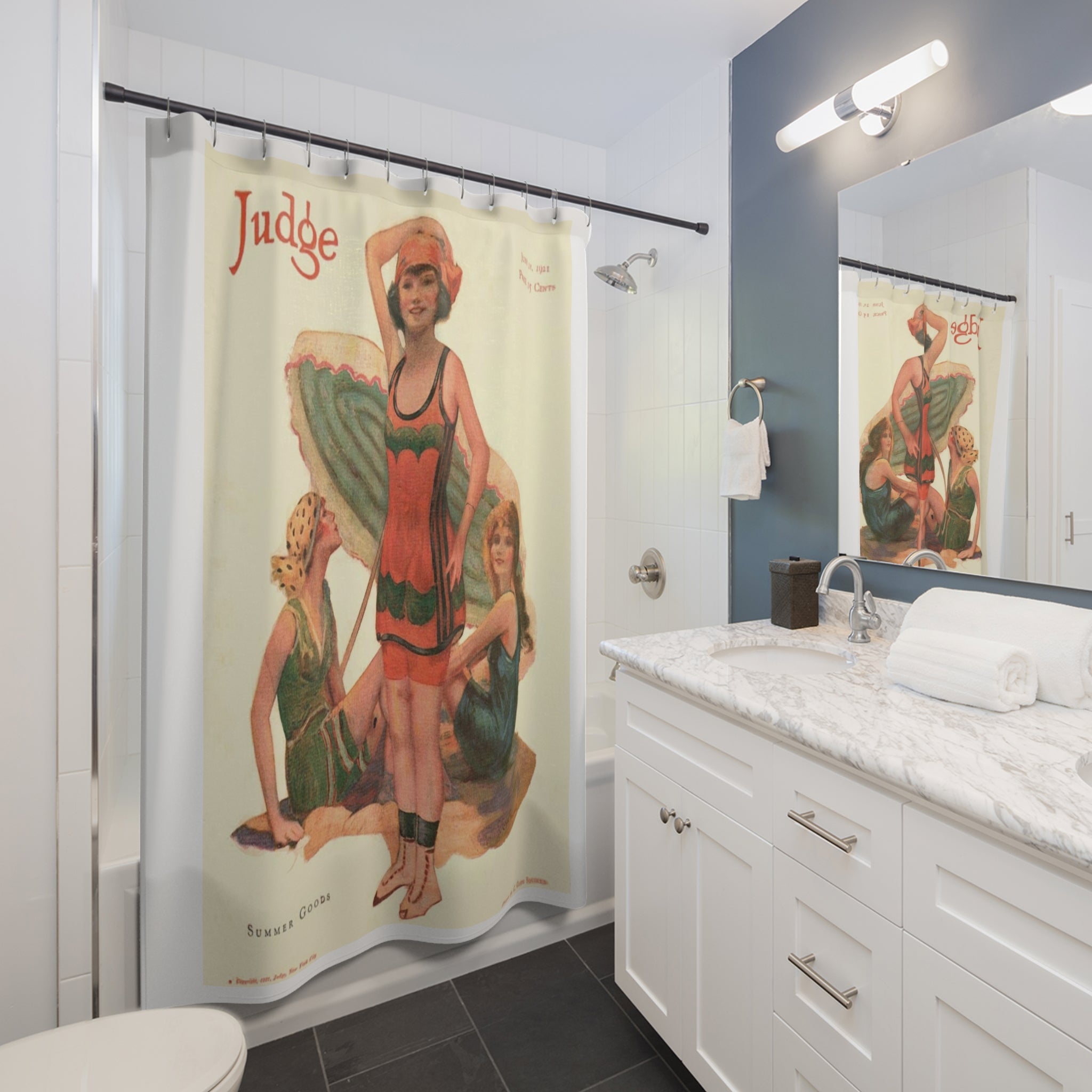 Vintage 1920s Swimwear Illustration Shower Curtain | Retro Beach Bath Decor
