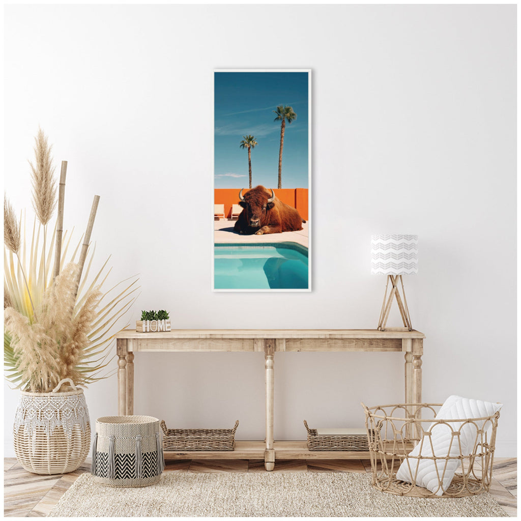 Sylvie Bison Chilling by the Pool in California Framed Canvas by Michael Schauer