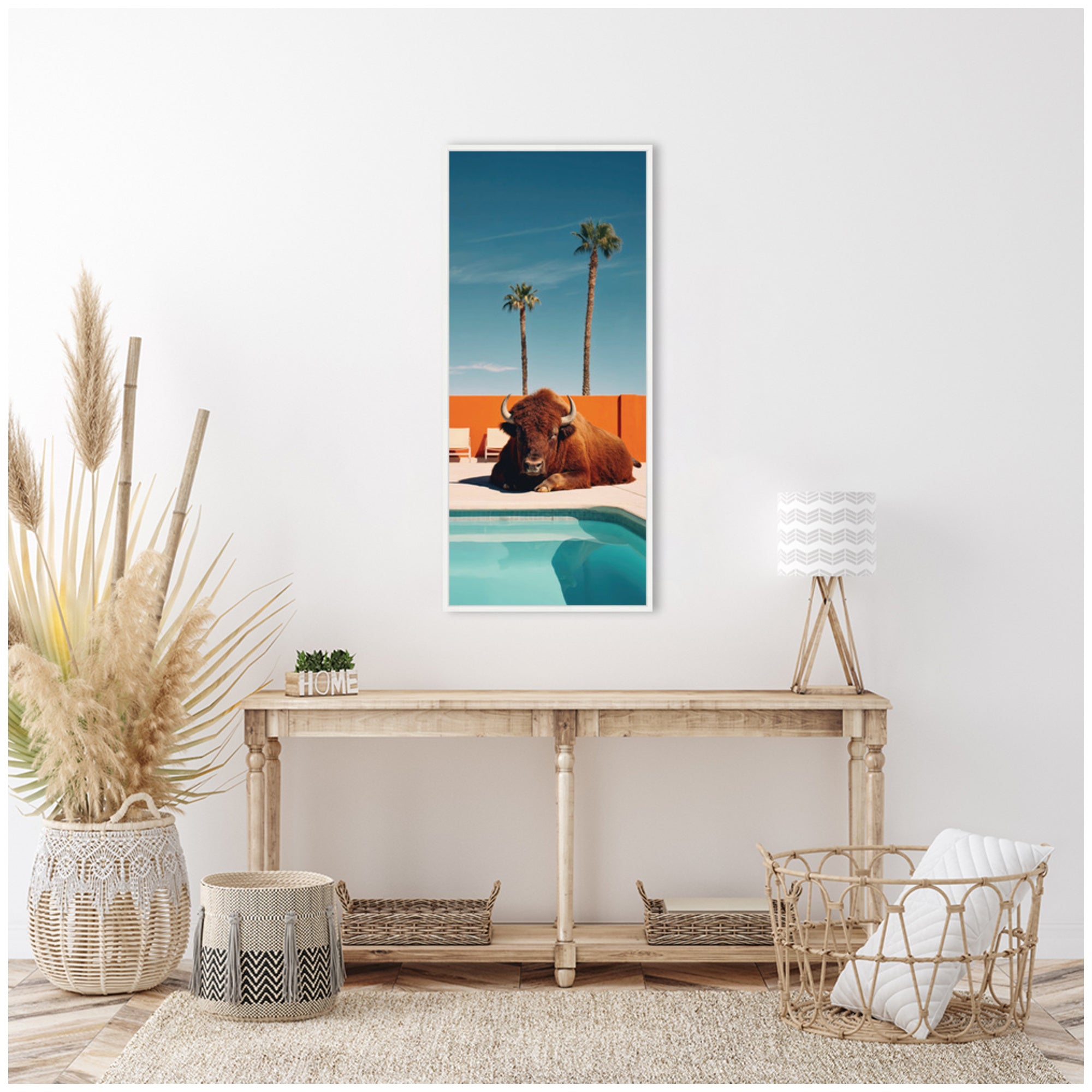 Sylvie Bison Chilling by the Pool in California Framed Canvas by Michael Schauer
